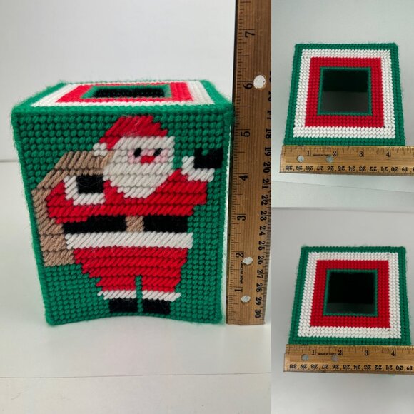 Vtg Santa Handmade Square Red Green White Tissue Box Cover Plastic Canvas Yarn - Picture 3 of 11